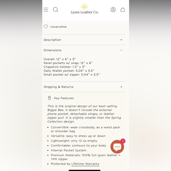 Lyons Leather Co original Espresso Biggie Bee - Picture 5 of 5